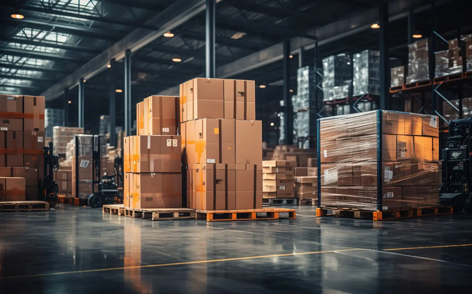 Boxes on a pallet in the middle of a warehouse with shelves in the background and a visibly high ceiling.