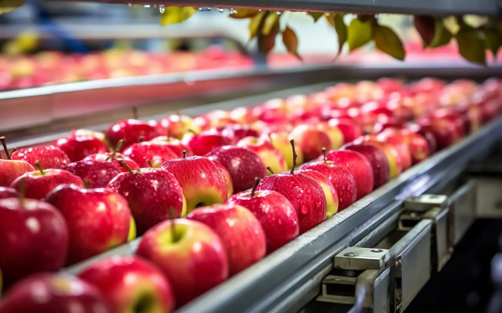 Four rows of freshly washed red apples on a metal conveyor belt with a blurred background and leaves from the tree in the foreground.